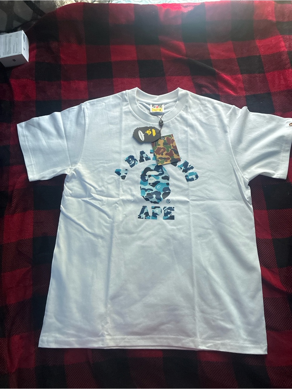 BAPE White Tee with Blue Camo Ape Head Logo